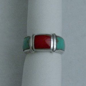 Silver Turquoise & Red Coral Band Ring